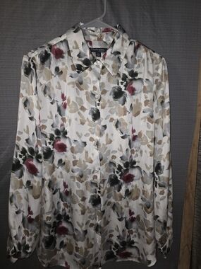 Chadwicks Floral Satin Button-Up Blouse in Ivory with Burgundy & Olive